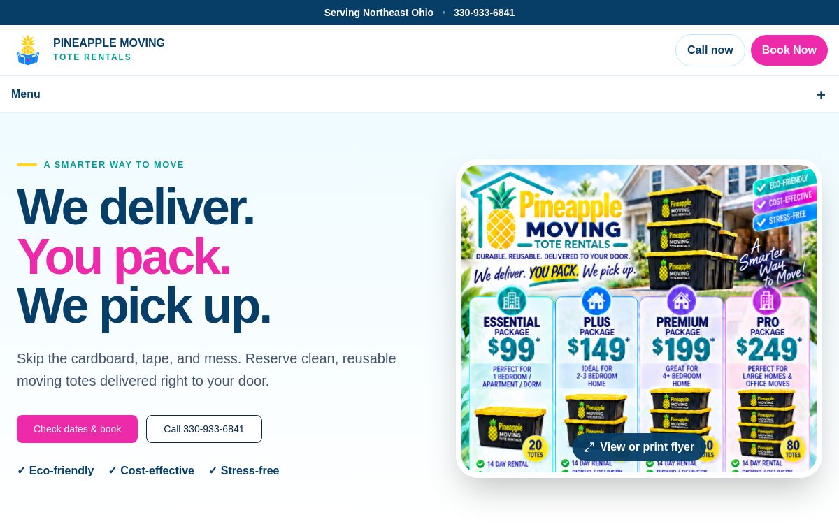 Pineapple Moving Tote Rentals live website